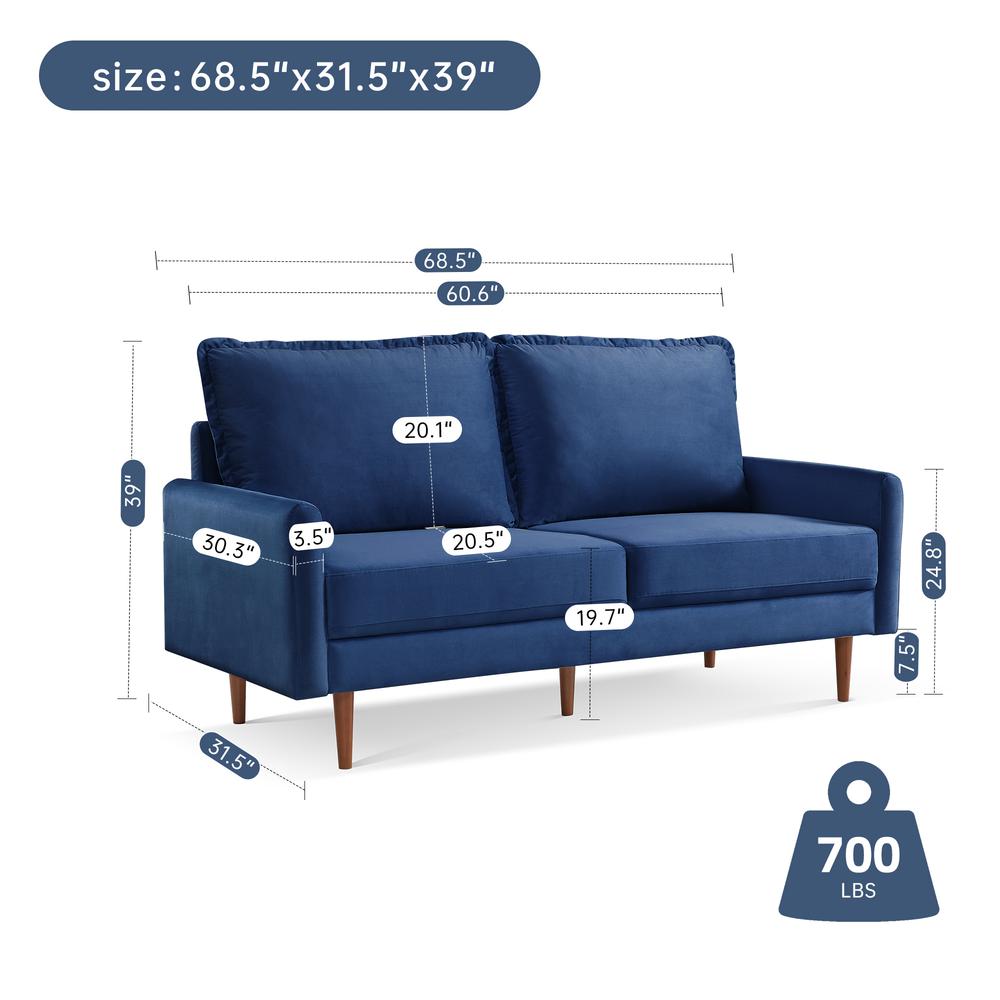 69 Inch Wide Upholstered Two Cushion Sofa with Cambered Arms. Picture 3