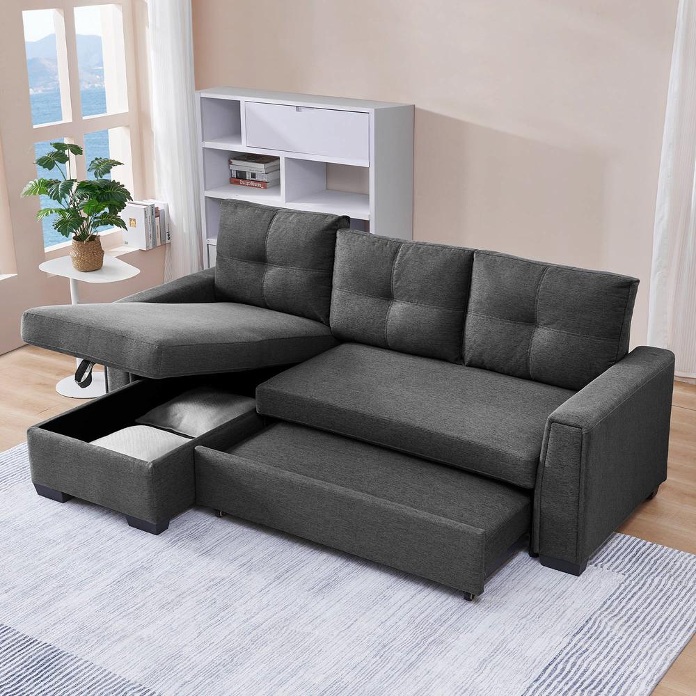Tufted Sectional Chaise Sofa Sleeper with Storage in Dark Grey. Picture 8