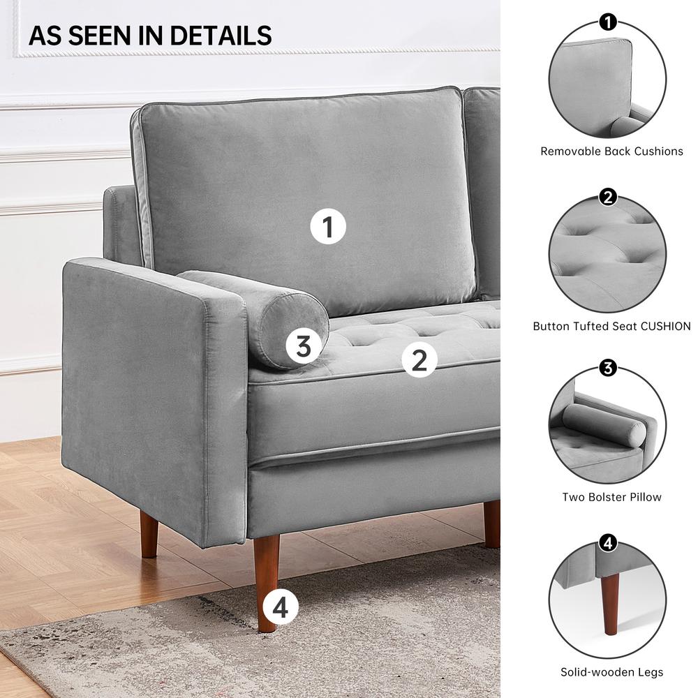 69 Inch Wide Upholstered Two Cushion Sofa with Bolster Pillows in Grey Velvet. Picture 4