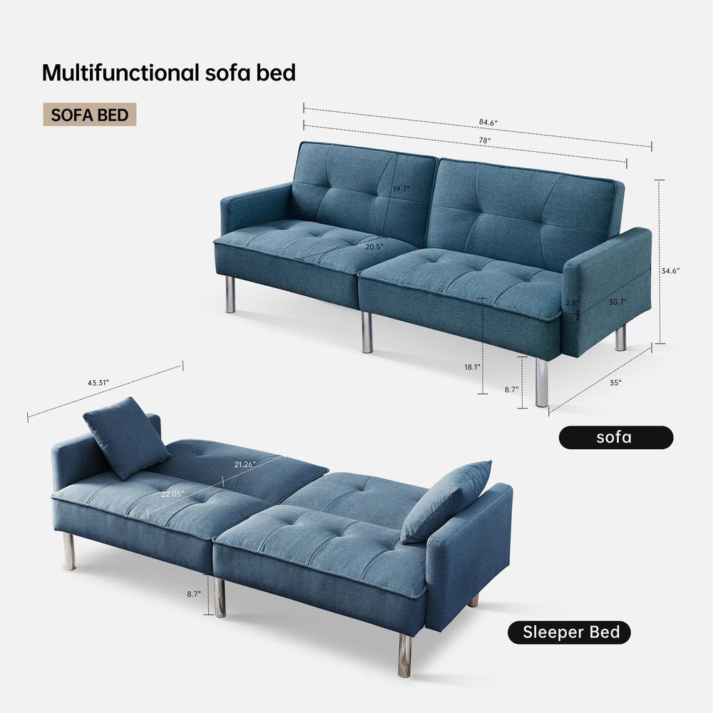 Tufted Futon Convertible Sofa Sleeper with Two Throw Pillows. Picture 4