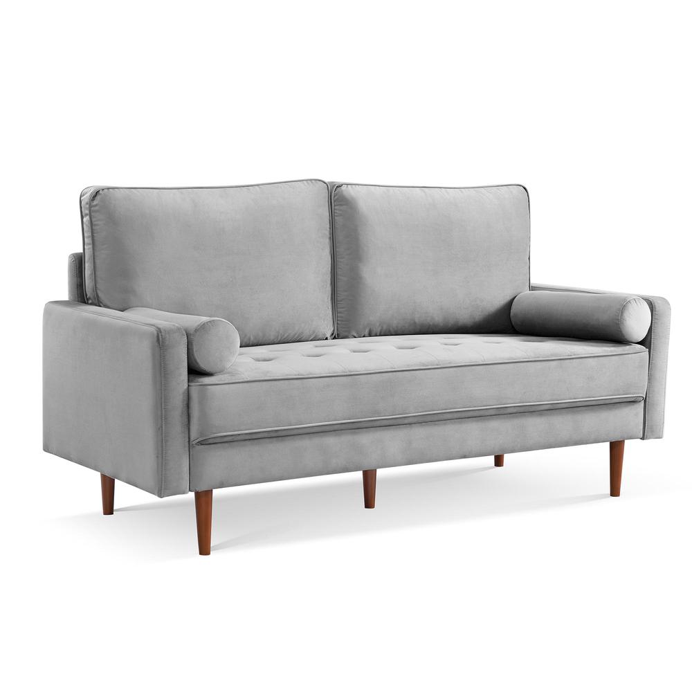69 Inch Wide Upholstered Two Cushion Sofa with Bolster Pillows in Grey Velvet. Picture 2