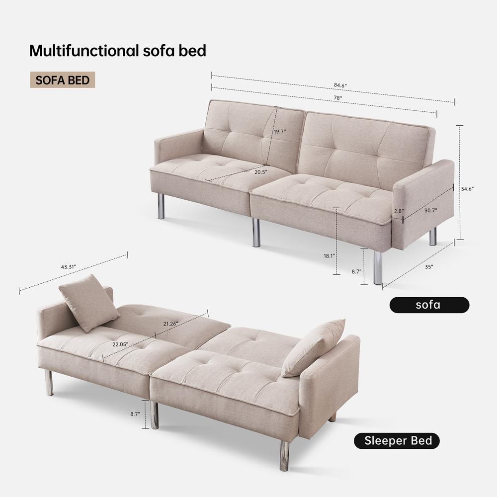 Tufted Futon Convertible Sofa Sleeper with Two Throw Pillows. Picture 5
