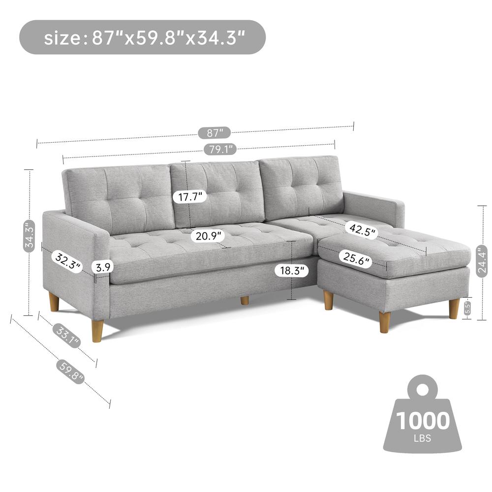Two Piece Upholstered Tufted L Shaped Sectional with Ottoman in Light Grey. Picture 2