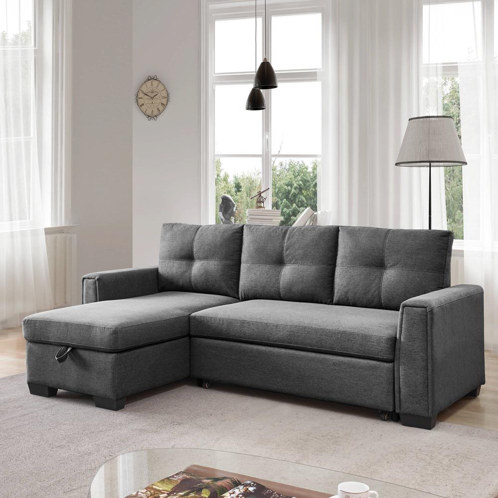 Tufted Sectional Chaise Sofa Sleeper with Storage in Dark Grey. Picture 14
