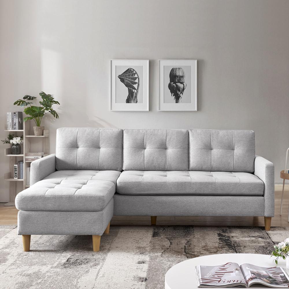 Two Piece Upholstered Tufted L Shaped Sectional with Ottoman in Light Grey. Picture 6