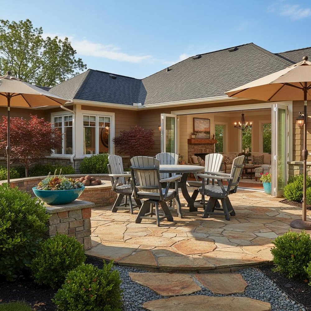 Round Dining Set, 5-Piece, All-Weather HDPE, Umbrella Hole, Gray. Picture 2