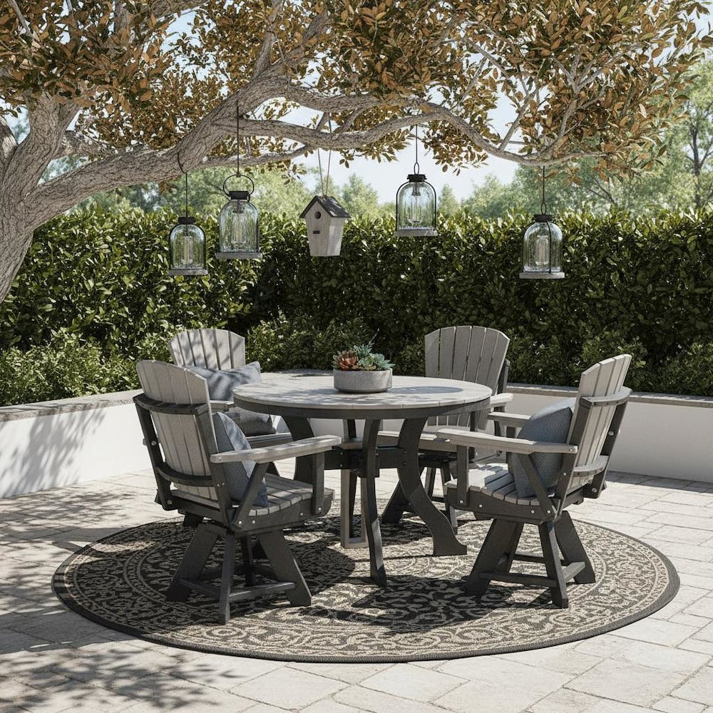 Round Dining Set, 5-Piece, All-Weather HDPE, Umbrella Hole, Gray. Picture 3