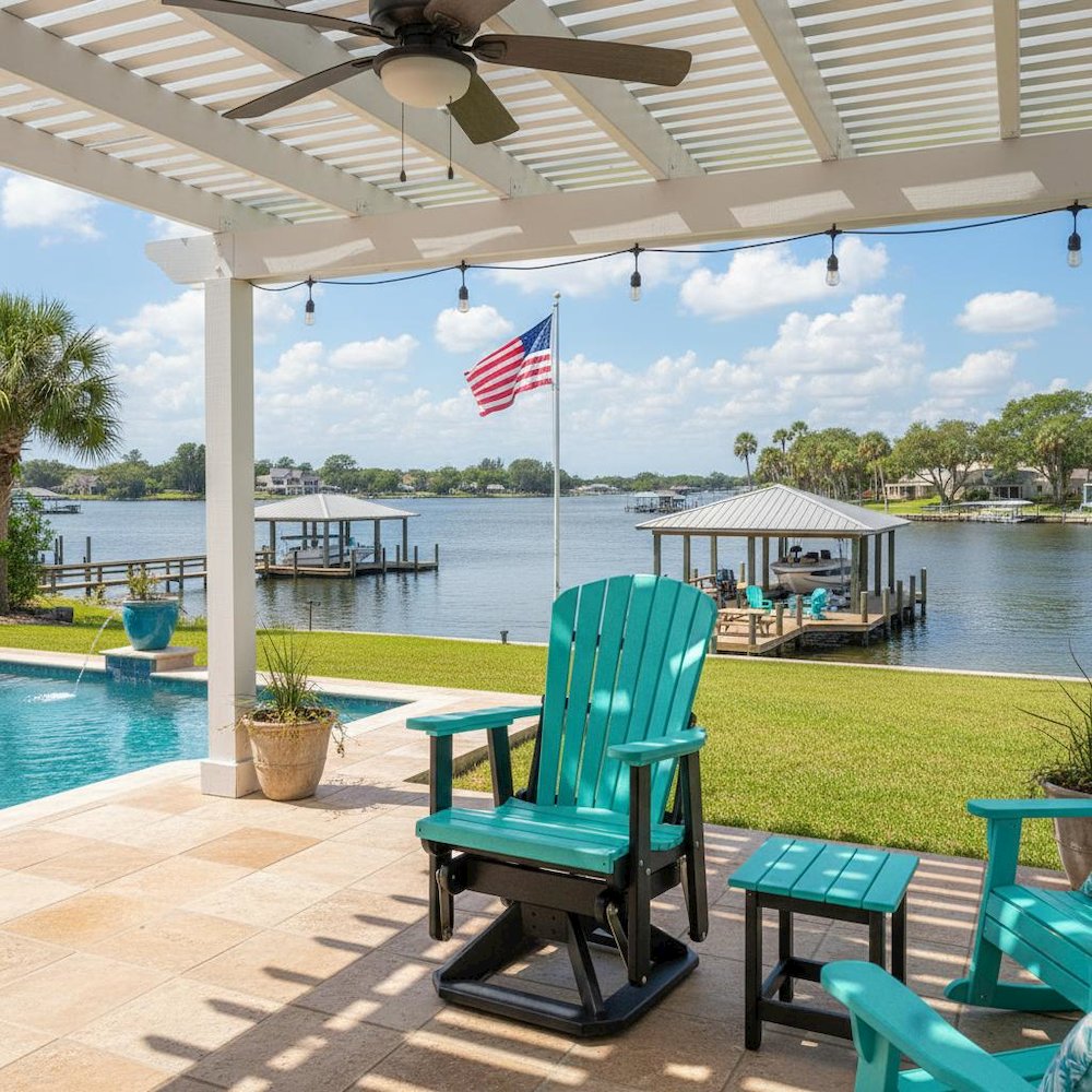 Fan Back Swivel Glider, Aruba Blue, Heavy Duty Polyethylene, Porch Seating. Picture 2