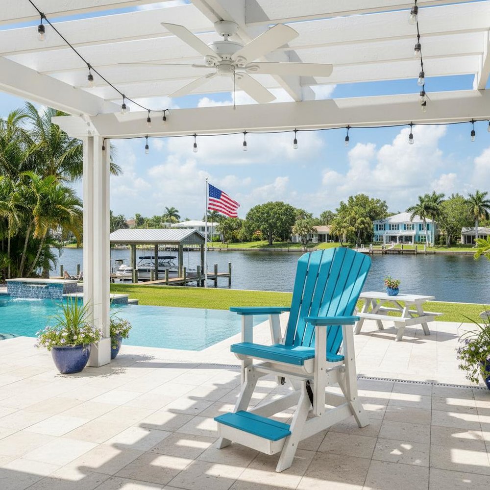 Fan Back Balcony Glider, Single Chair, Elevated Seating, All-Weather HDPE, Blue. Picture 2