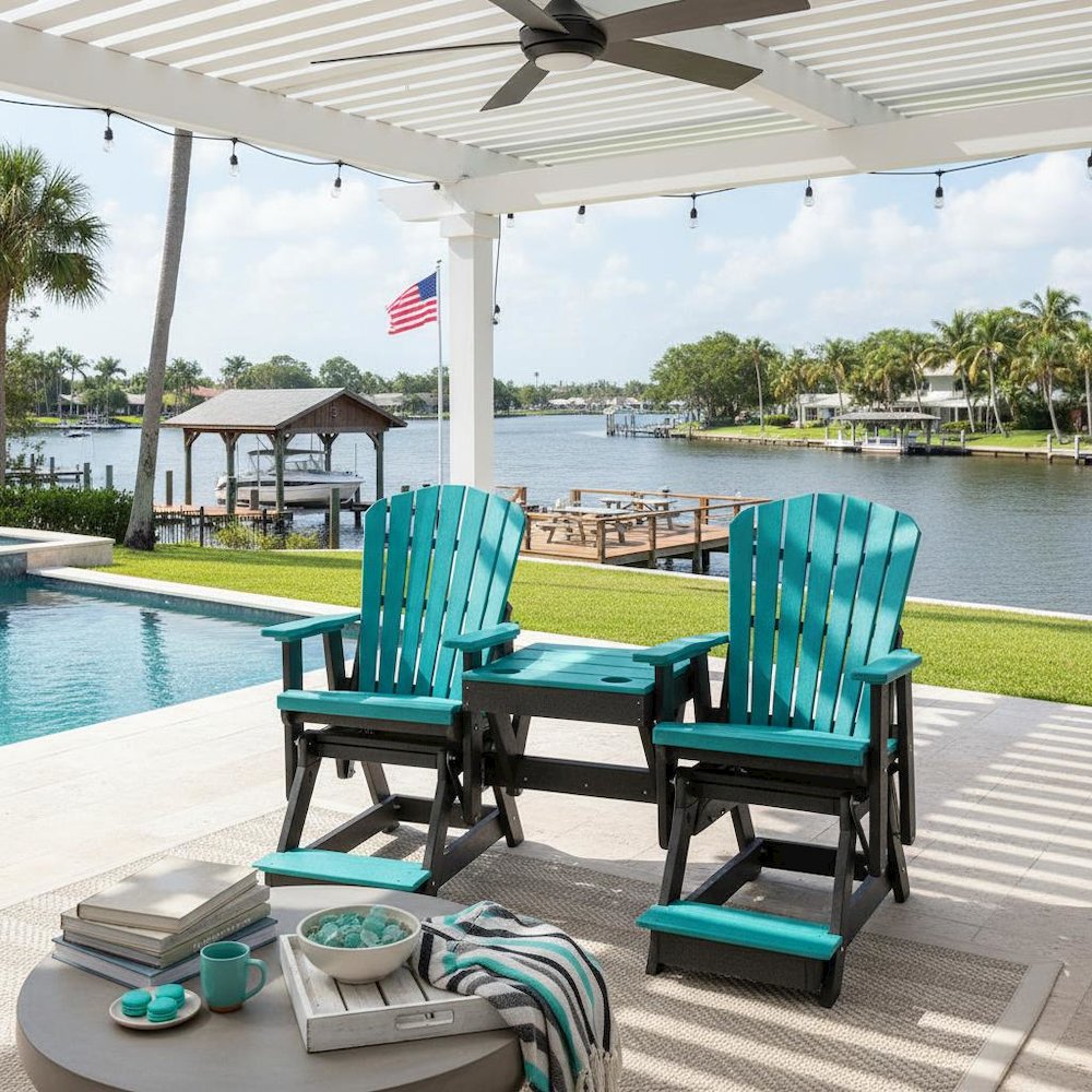 Double Balcony Height Glider, Elevated 2-Seater, Center Table, HDPE, Blue. Picture 2