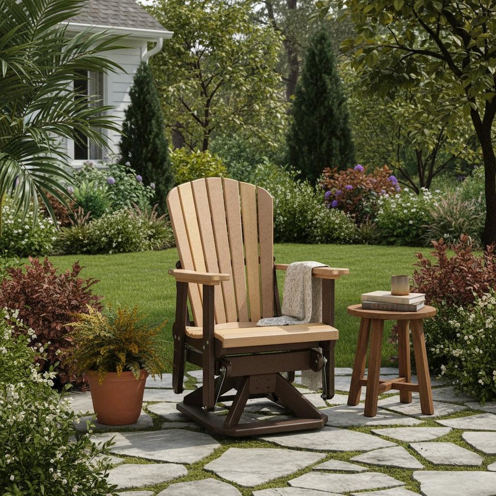 Fan Back Swivel Glider, Cedar Brown, Heavy Duty Polyethylene, Porch Seating. Picture 3