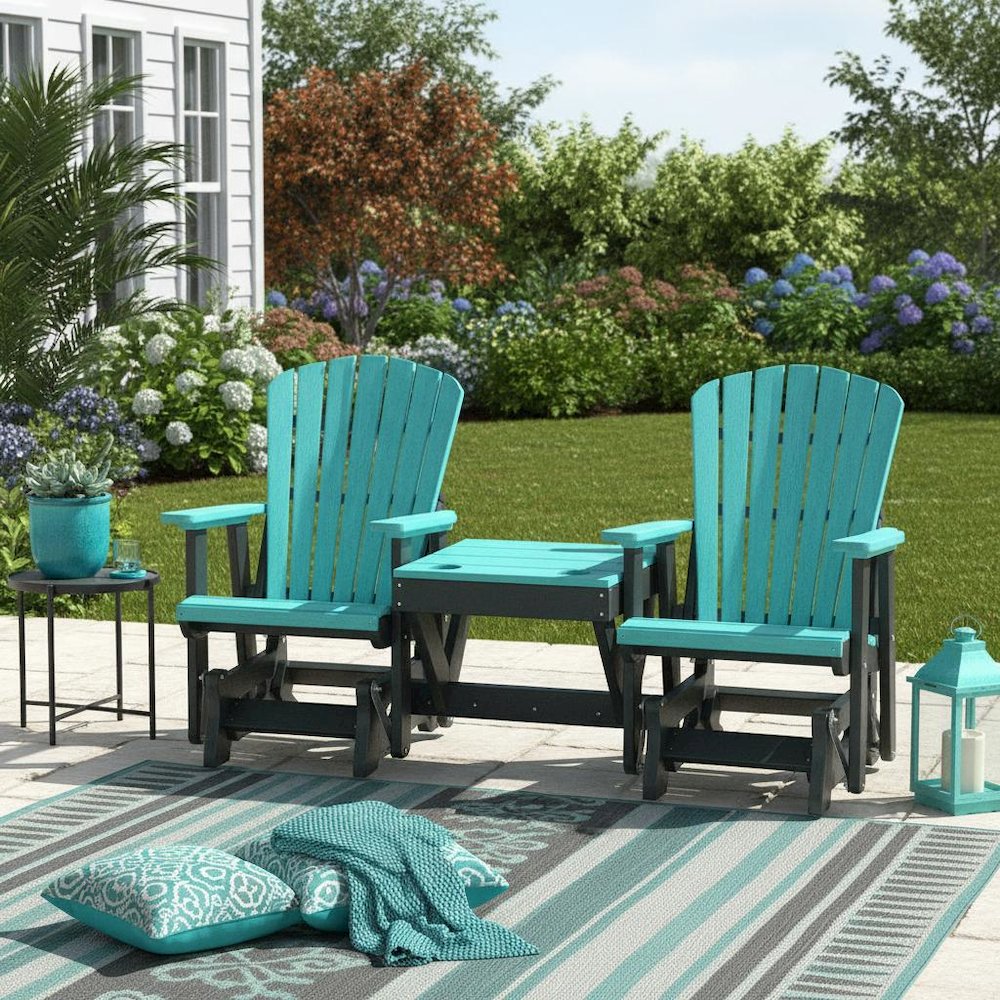 Double Glider Bench with Table, Aruba Blue, Heavy Duty Poly. Picture 2