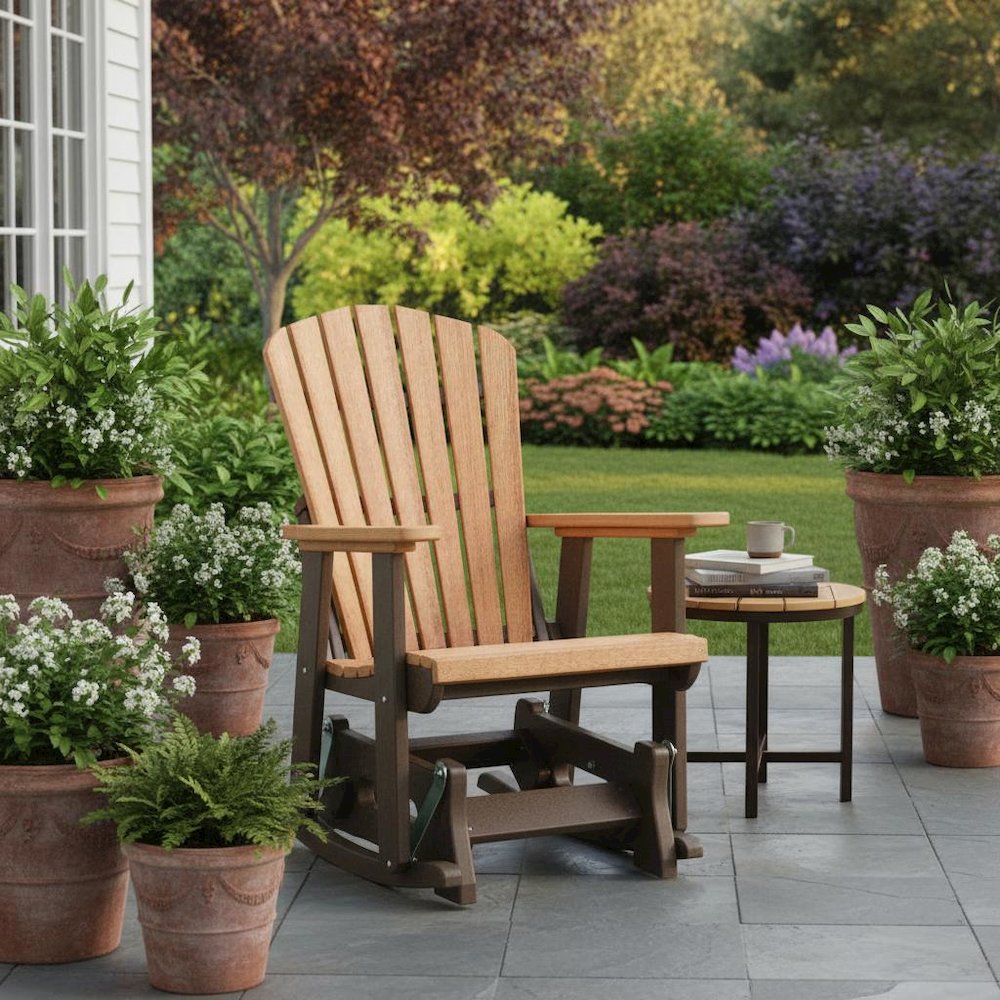 Fan Back Glider Rocking Chair, Cedar Brown, Heavy Duty Polyethylene, Porch. Picture 3