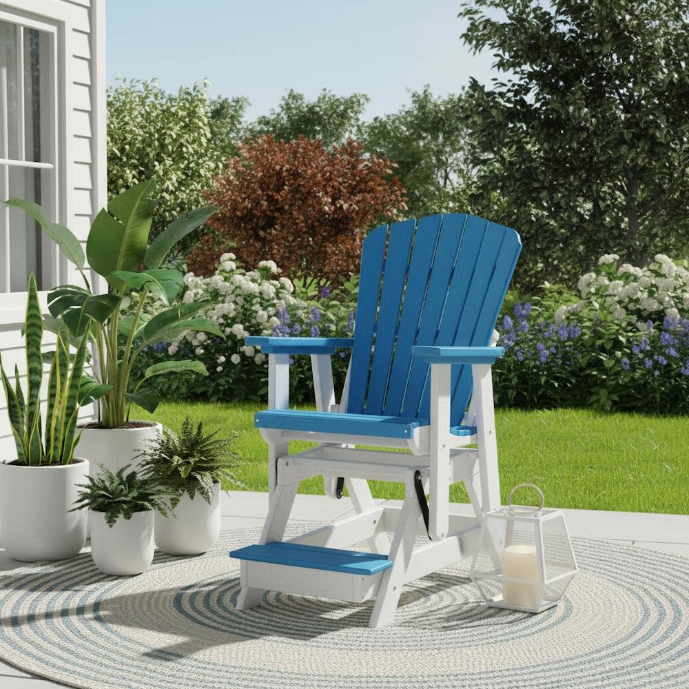 Balcony Glider Chair, Blue White, Elevated Seating, Heavy Duty Poly. Picture 2