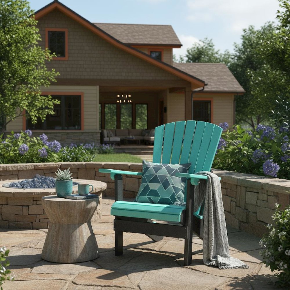 Fan Back Folding Adirondack Chair, Aruba Blue Black, Heavy Duty, Recycled Poly. Picture 2