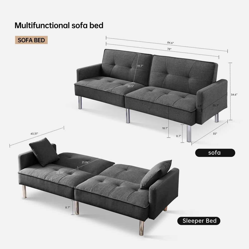 Tufted Futon Convertible Sofa Sleeper with Two Throw Pillows. Picture 5
