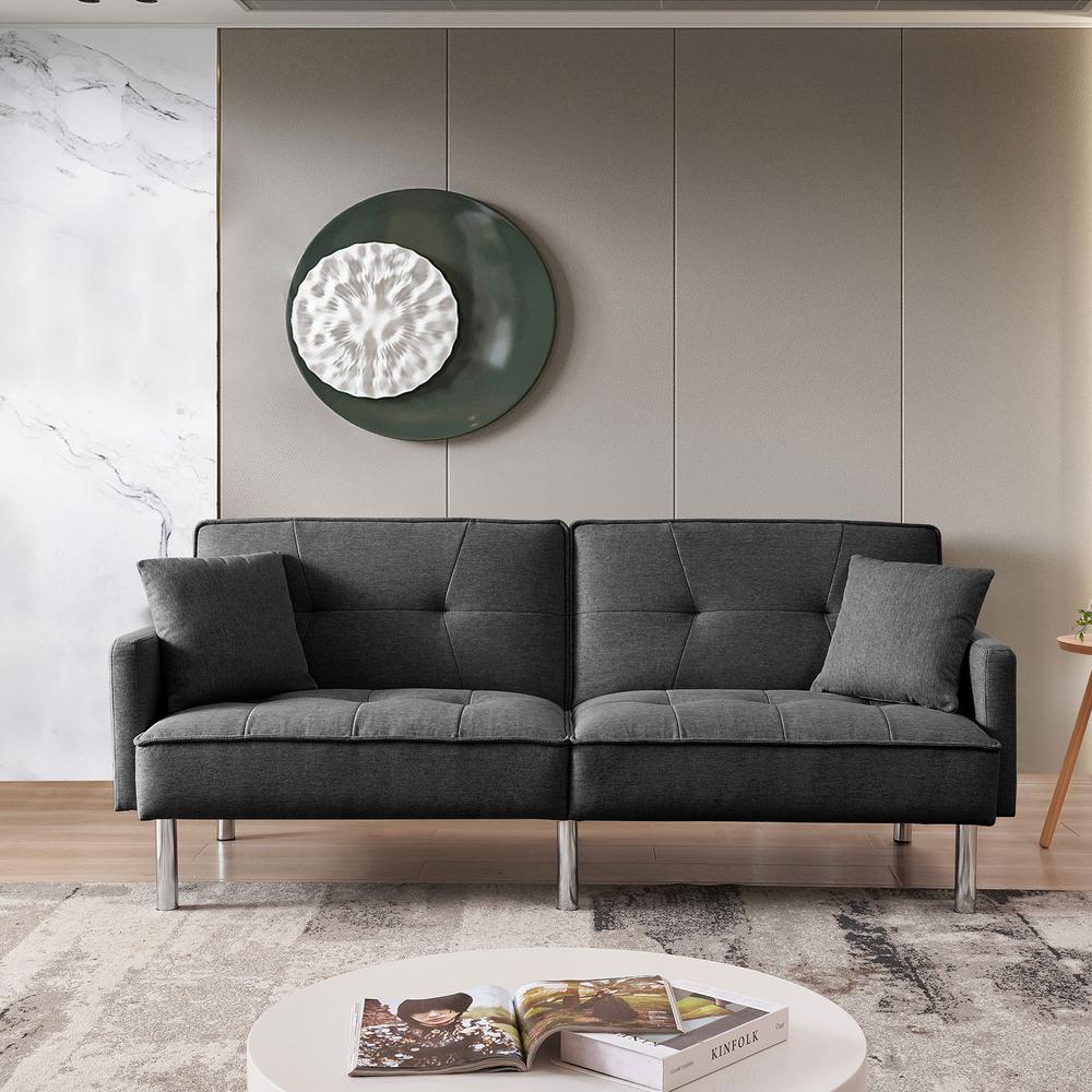Tufted Futon Convertible Sofa Sleeper with Two Throw Pillows. Picture 7