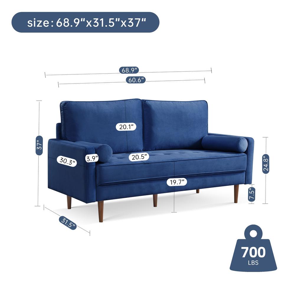 69 Inch Wide Upholstered Two Cushion Sofa with Bolster Pillows. Picture 3
