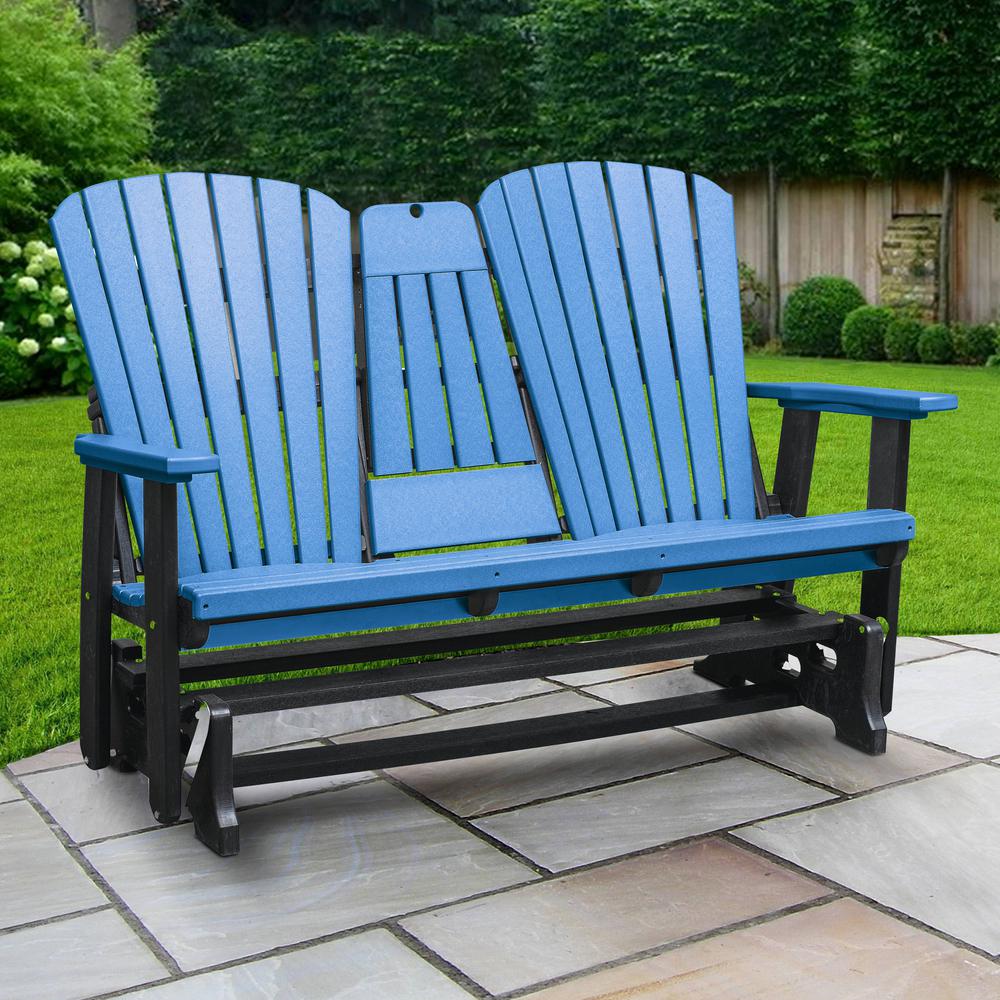 Two Seat Fan Back Glider with Drop Down Table/Cup Holder in Blue. Picture 2