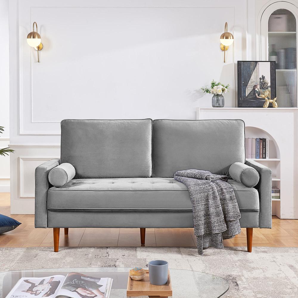 69 Inch Wide Upholstered Two Cushion Sofa with Bolster Pillows in Grey Velvet. Picture 14