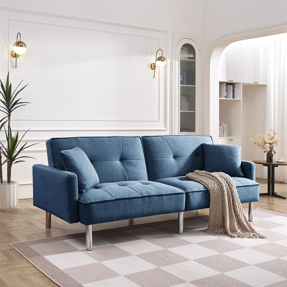 Tufted Futon Convertible Sofa Sleeper with Two Throw Pillows. Picture 14
