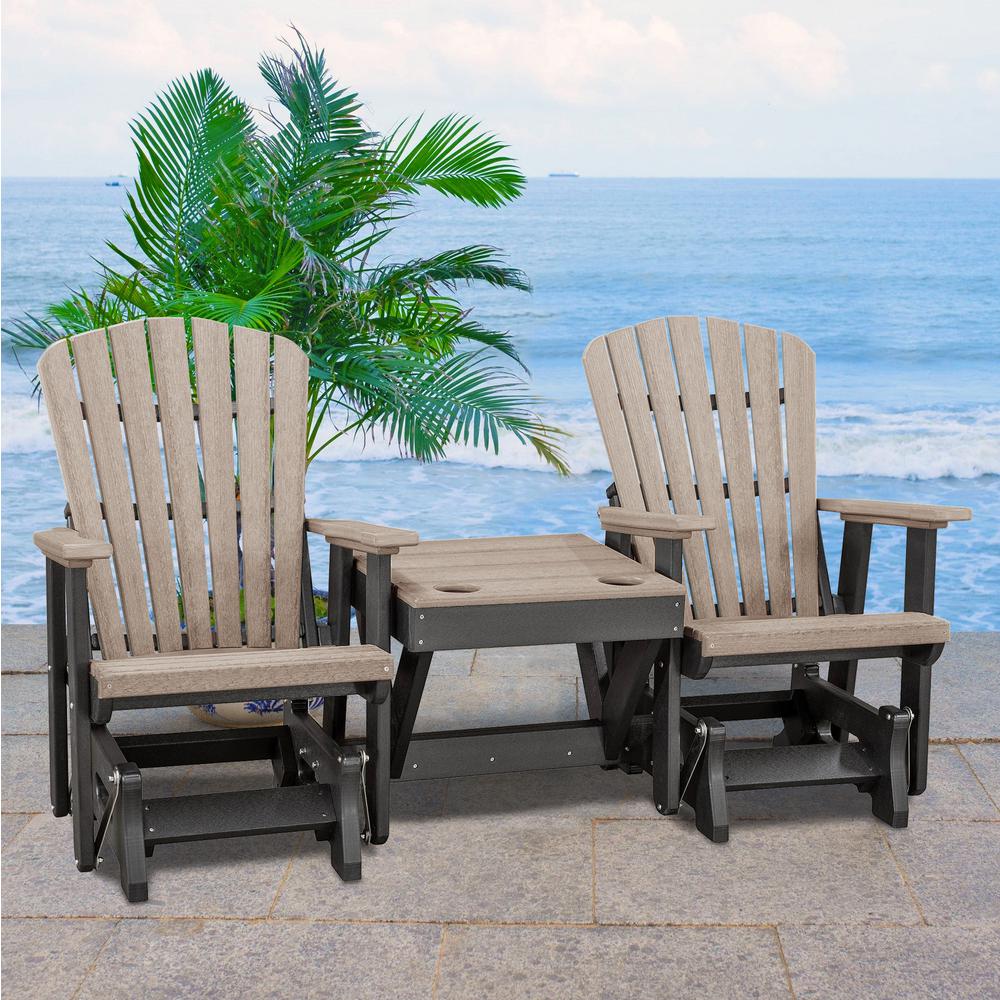OS Home and Office Model 515WWBK-K Double Glider with Center Table in Weatherwood with a Black Base, Made in the USA. Picture 1