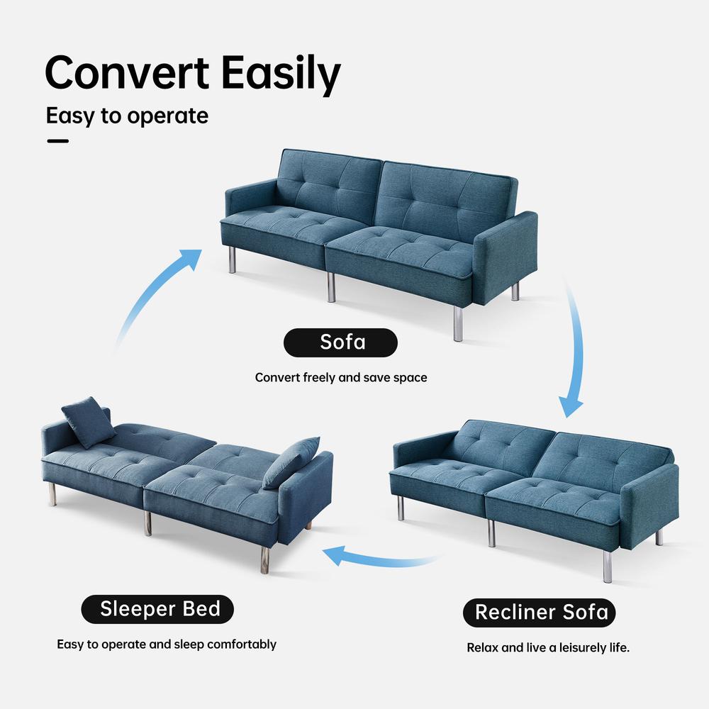 Tufted Futon Convertible Sofa Sleeper with Two Throw Pillows. Picture 3