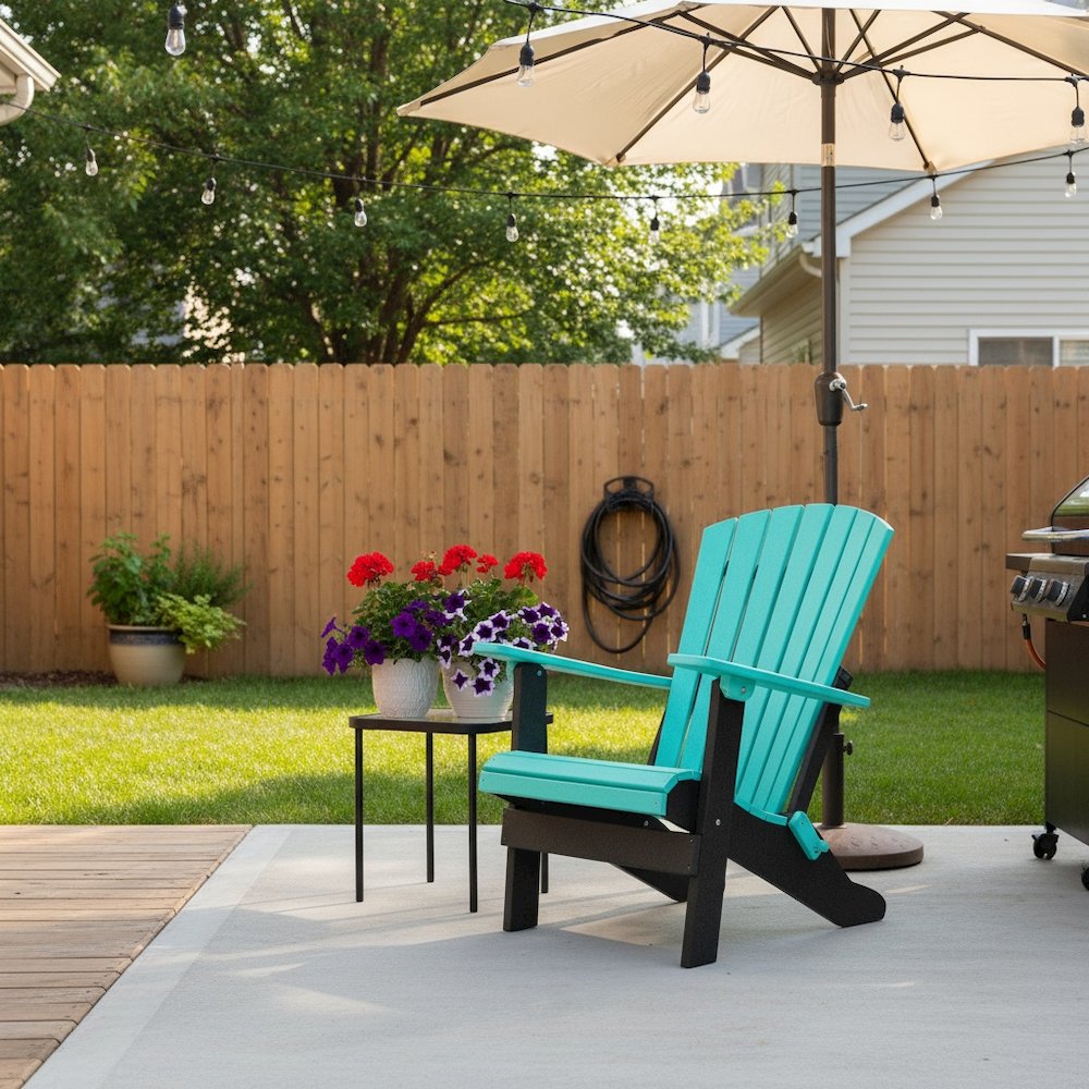 Fan Back Folding Adirondack Chair, Aruba Blue Black, Heavy Duty, Recycled Poly. Picture 3