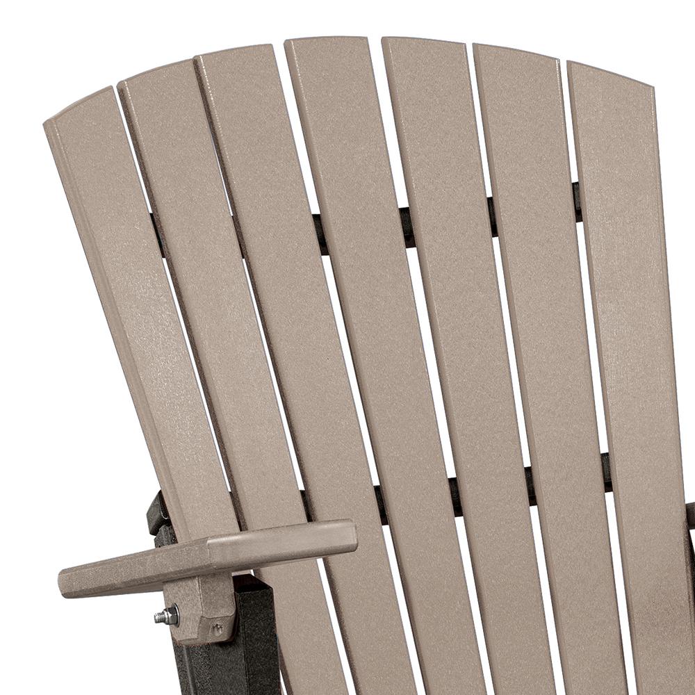 OS Home and Office Model 519WWBK Fan Back Folding Adirondack Chair in Weatherwood with a Black Base, Made in the USA. Picture 4