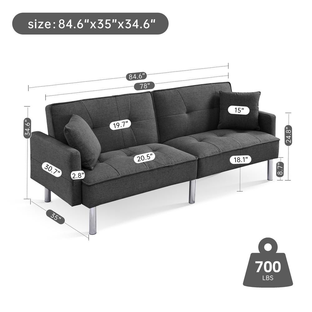 Tufted Futon Convertible Sofa Sleeper with Two Throw Pillows. Picture 3