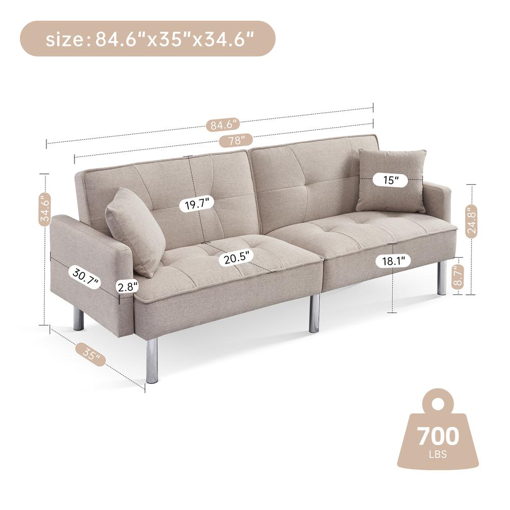 Tufted Futon Convertible Sofa Sleeper with Two Throw Pillows. Picture 3