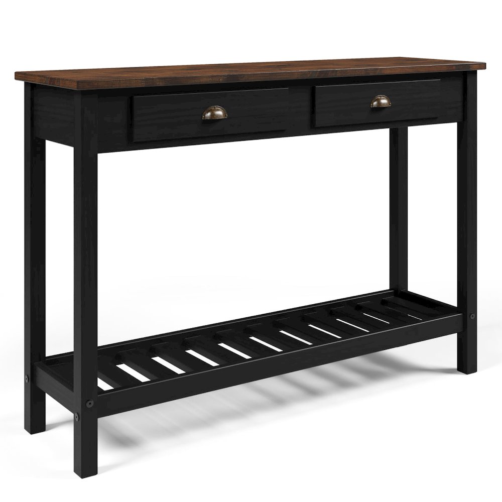 Solid Pine Console Table, 2 Drawers & Shelf – Harvest Black & Brown Top