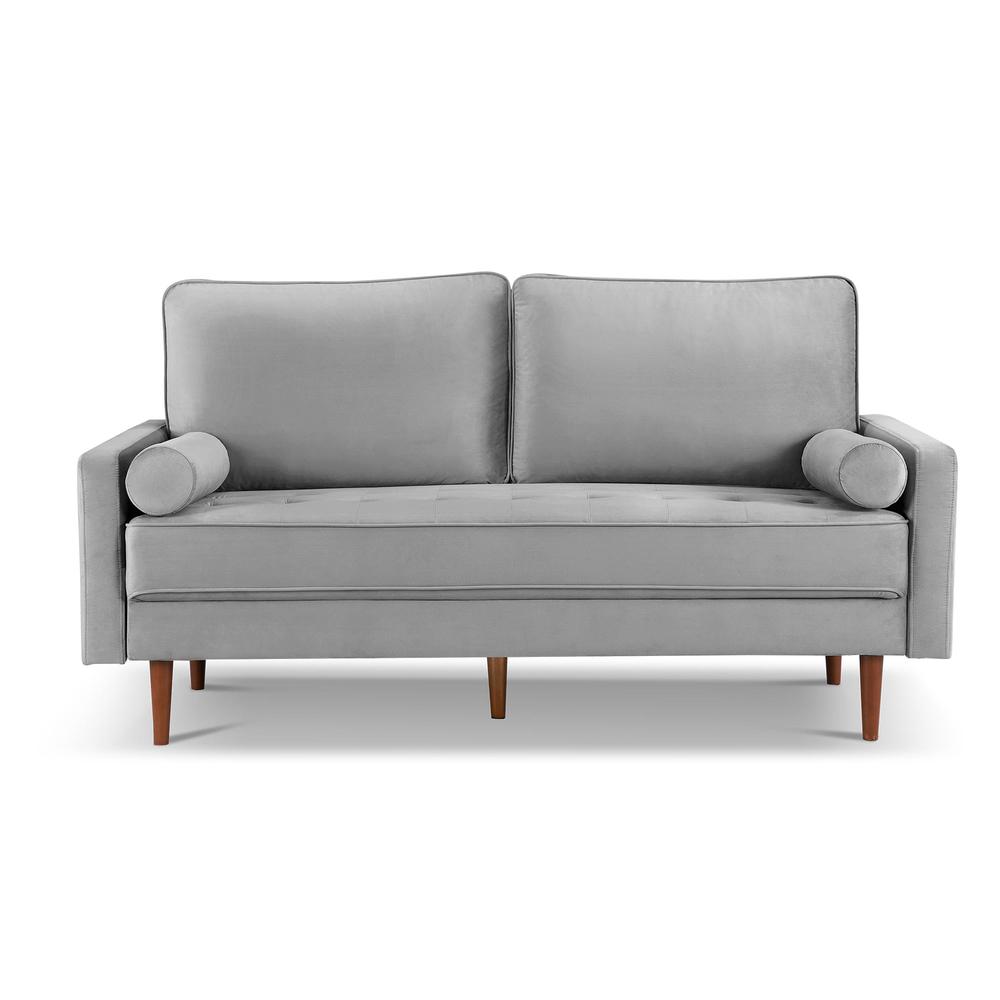 69 Inch Wide Upholstered Two Cushion Sofa with Bolster Pillows in Grey Velvet. Picture 1