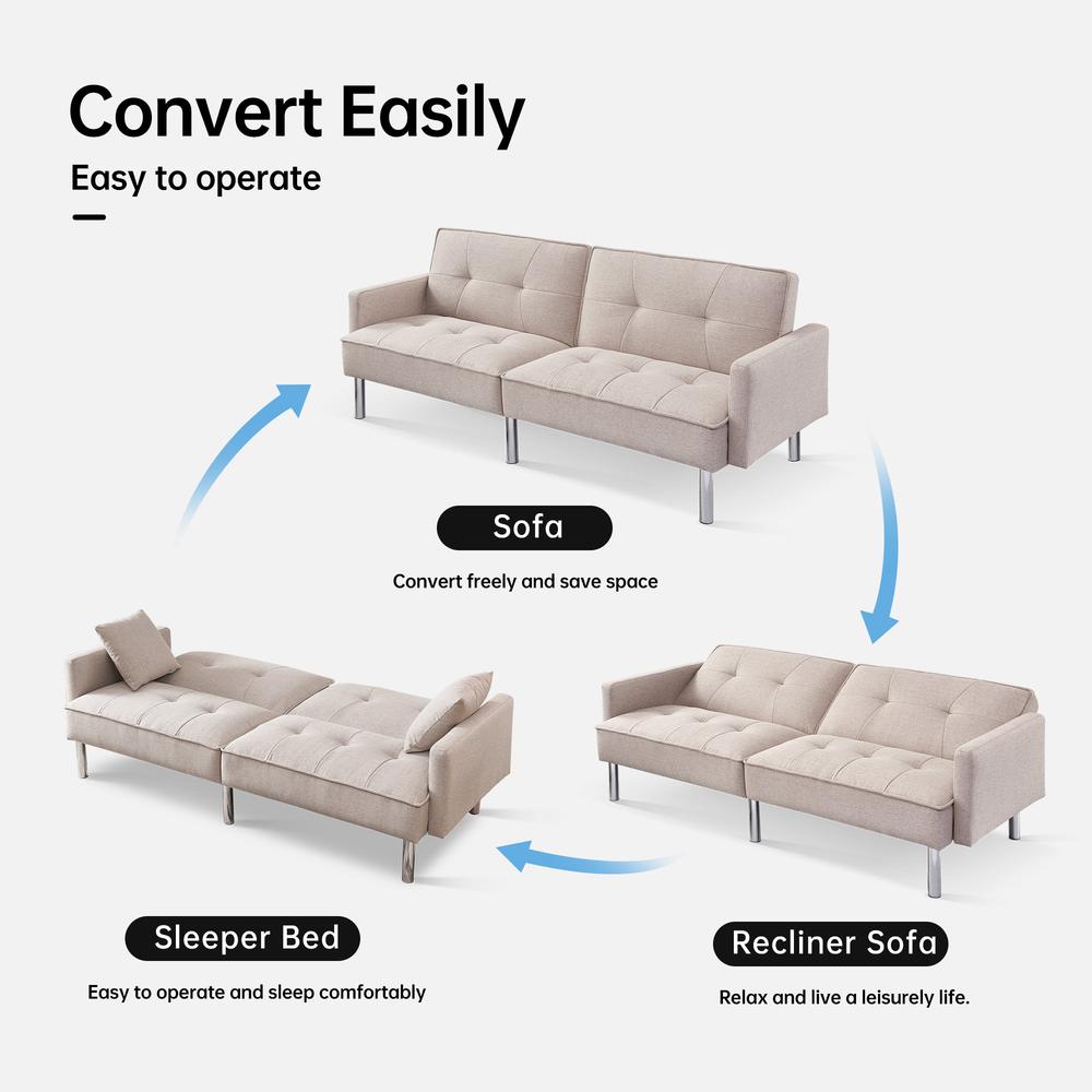 Tufted Futon Convertible Sofa Sleeper with Two Throw Pillows. Picture 4