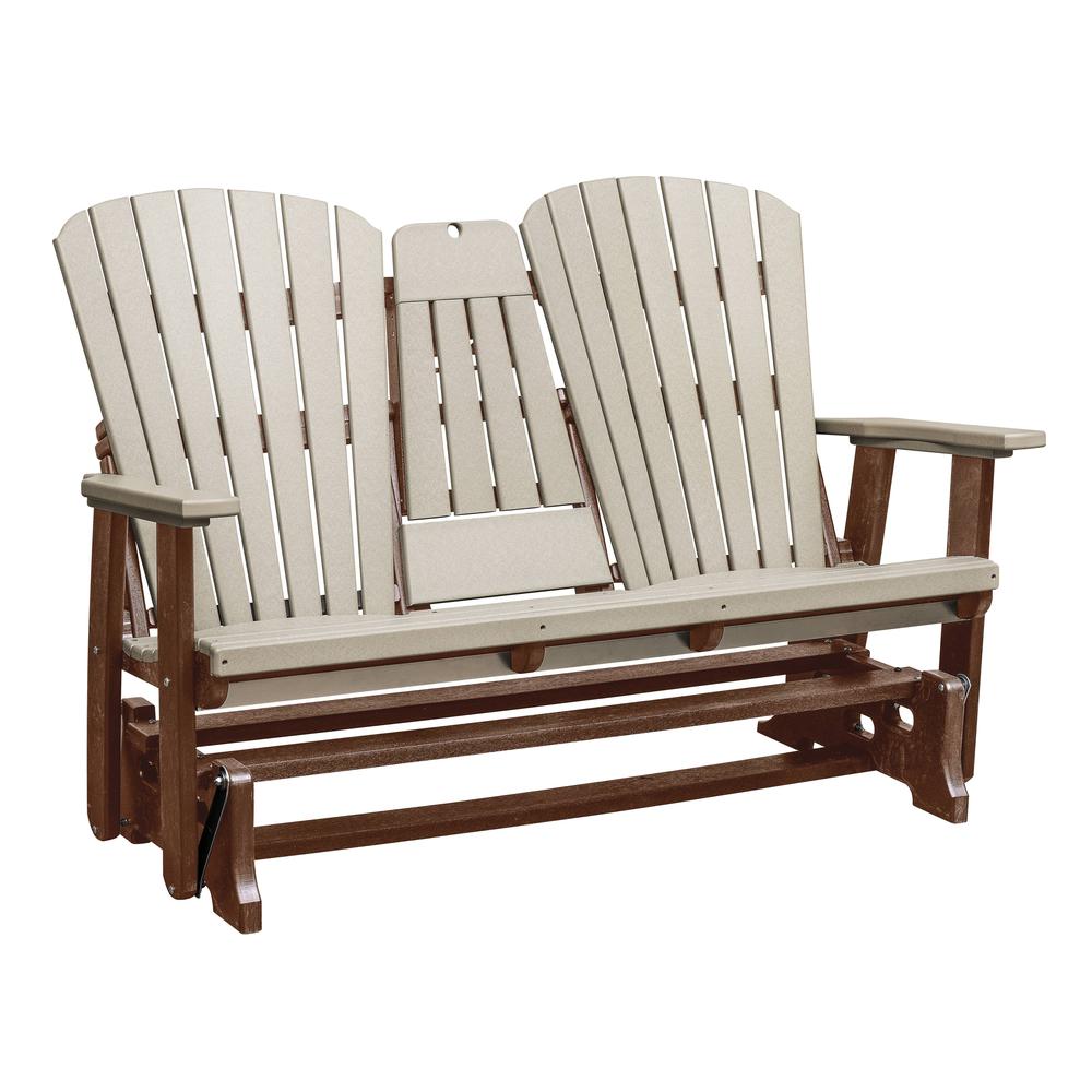 Two Seat Fan Back Glider with Drop Down Table/Cup Holder in Weatherwood. Picture 1