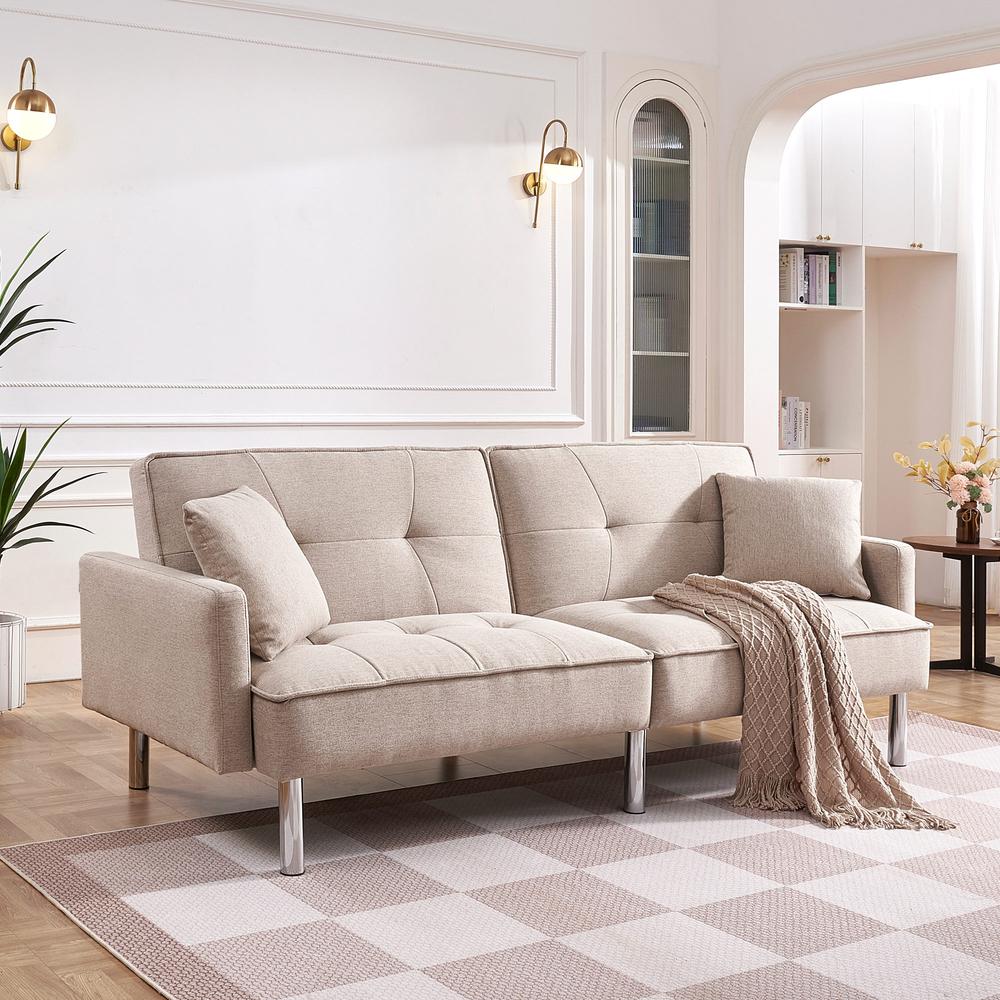 Tufted Futon Convertible Sofa Sleeper with Two Throw Pillows. Picture 14