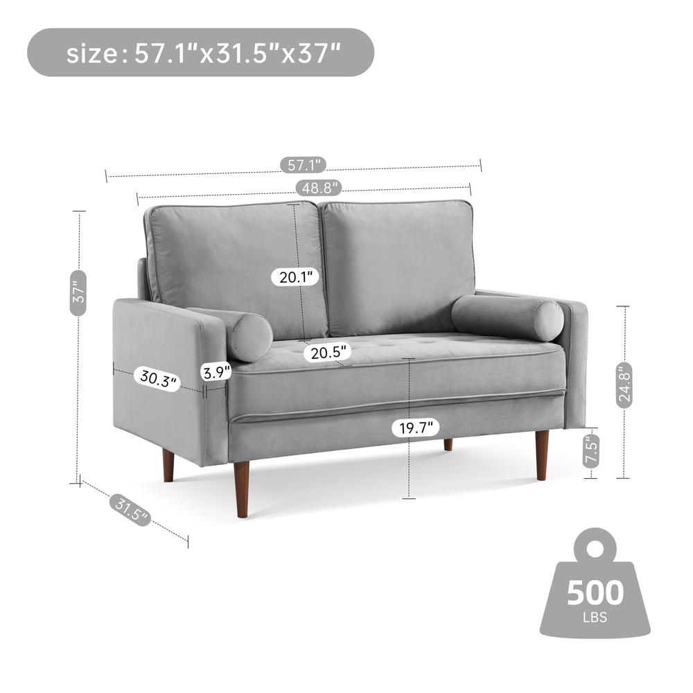 57 Inch Wide Upholstered Two Cushion Loveseat with Bolster Pillows. Picture 3