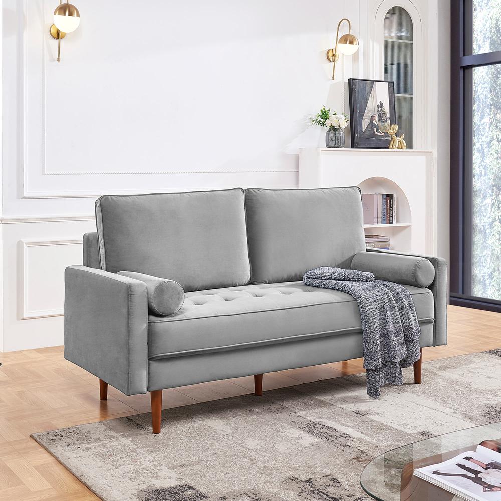 69 Inch Wide Upholstered Two Cushion Sofa with Bolster Pillows in Grey Velvet. Picture 9
