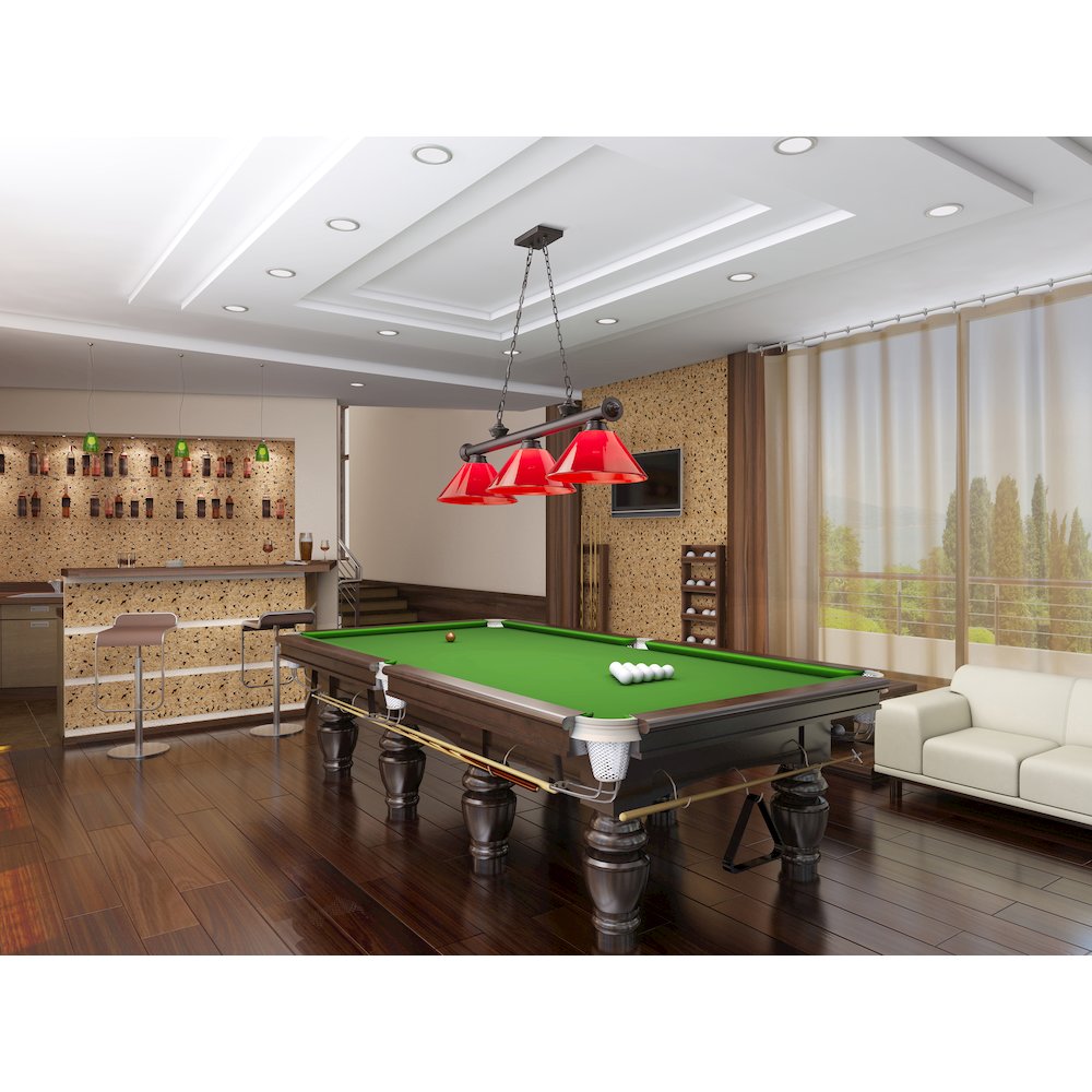 Z-Lite Cordon 3 Light Billiard, Steel Frame, Red Shade Color. Picture 6