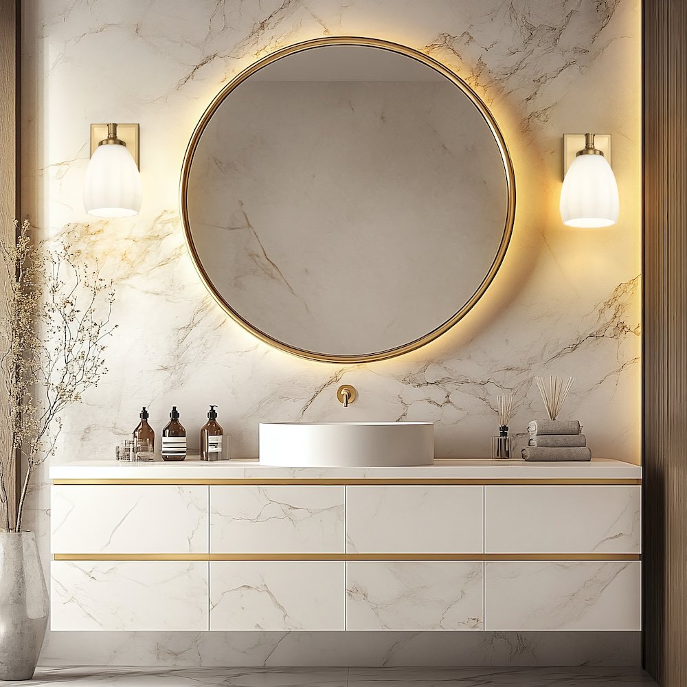 Z-Lite Oren 1 Light Vanity in Modern Gold color, Steel frame. Picture 6