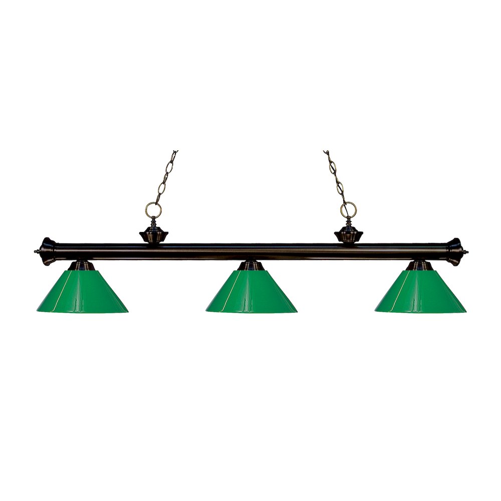 Z-Lite Riviera 3 Light Billiard, Steel Frame, Green Shade Color. Picture 1