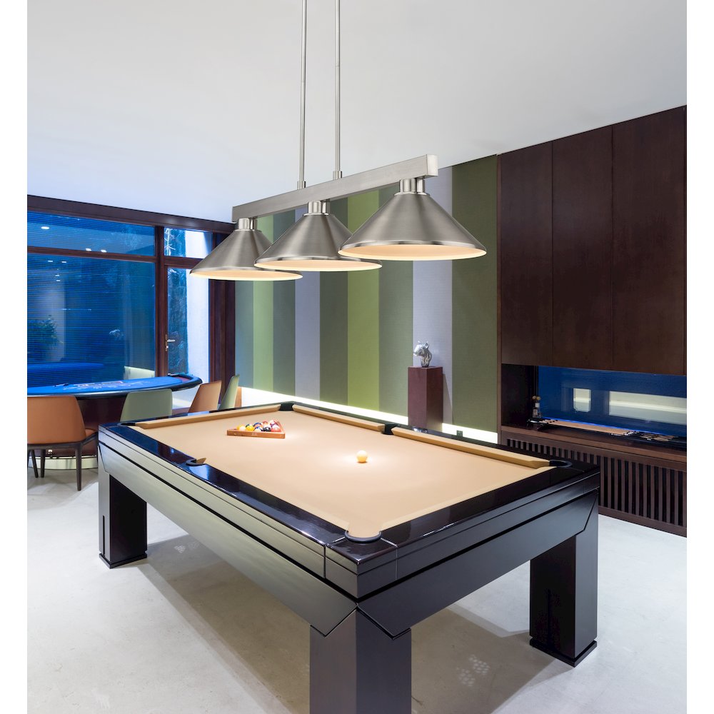 Z-Lite Players 3 Light Billiard, Steel Frame, Brushed Nickel Shade Color. Picture 6
