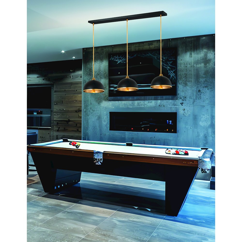 Z-Lite 3 Light Pendant, Matte Black + Rubbed Brass Frame Finish. Picture 2