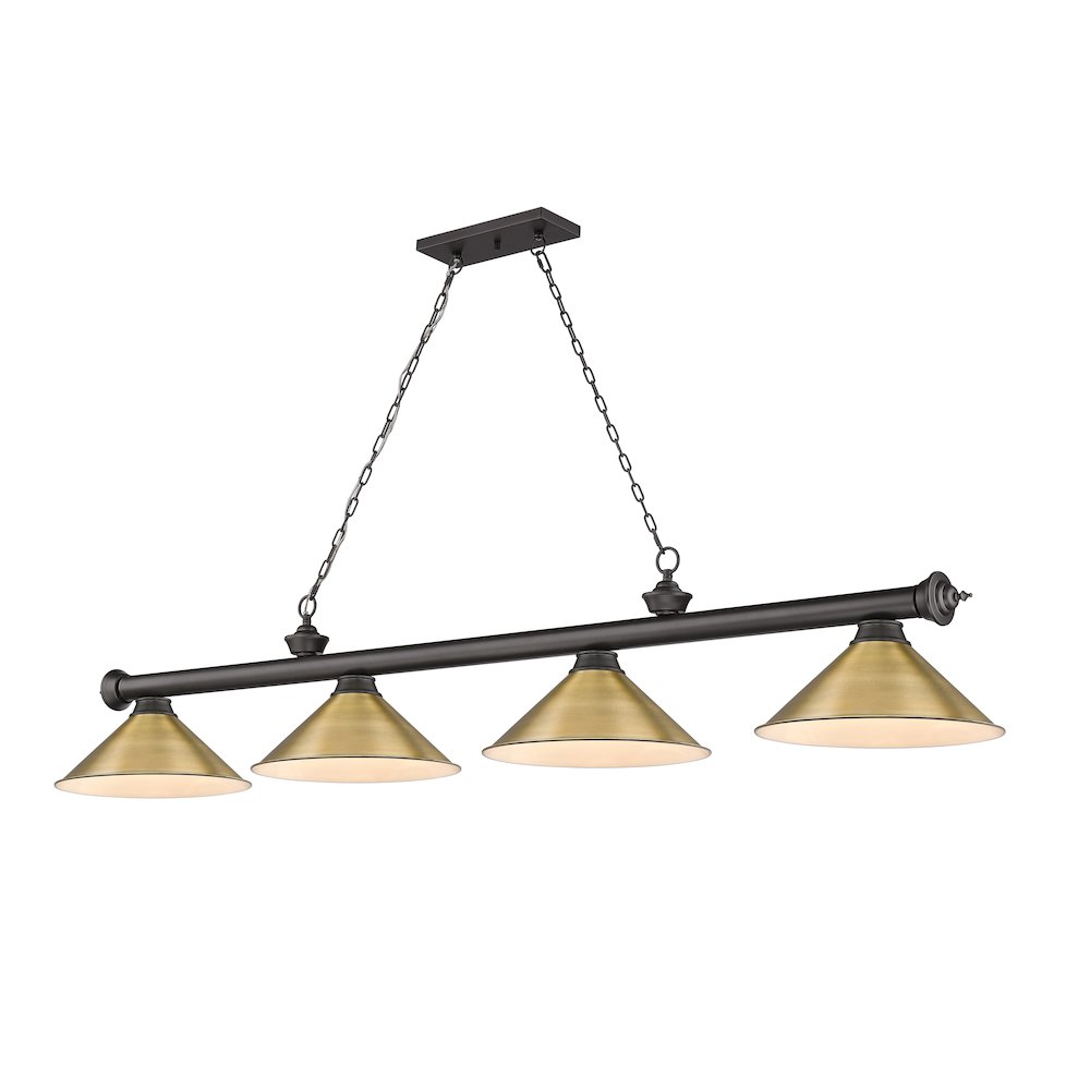 Z-Lite Cordon 4 Light Billiard, Steel Frame, Rubbed Brass Shade Color. Picture 1