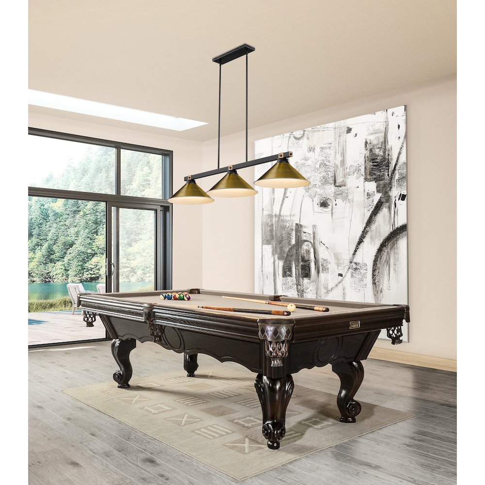 Z-Lite Bronte 3 Light Billiard, Steel Frame, Rubbed Brass Shade Color. Picture 7