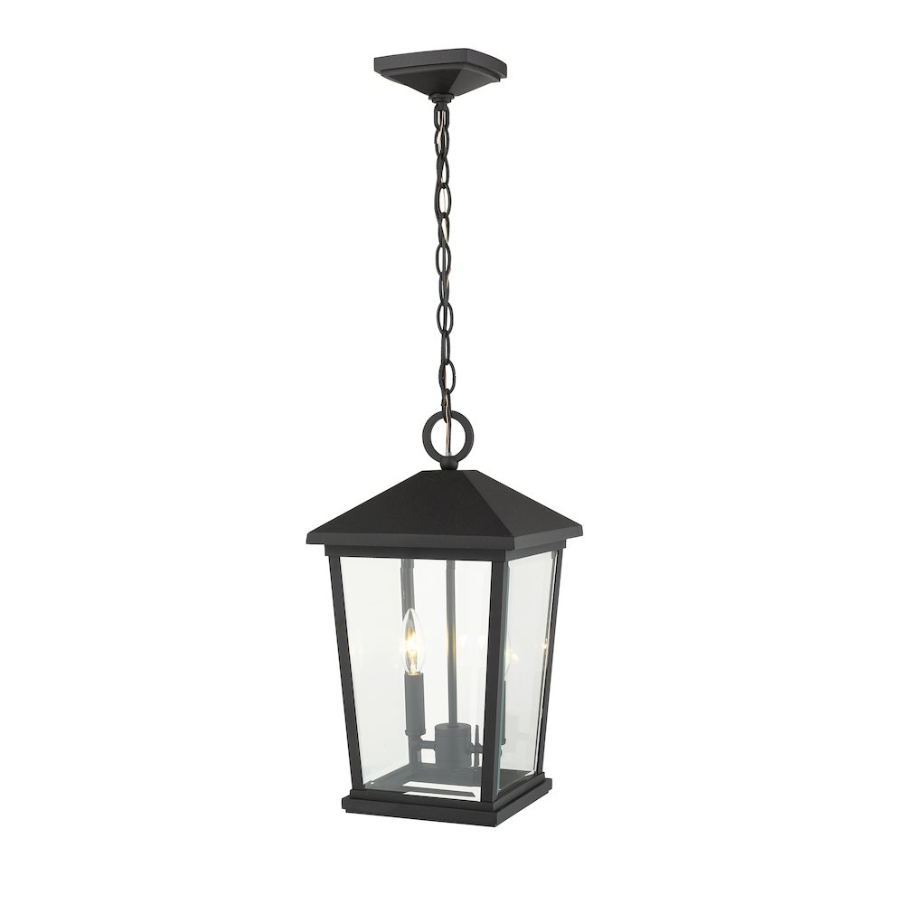 Z-Lite Beacon 2 Light Outdoor Chain Mount Ceiling Fixture in Black Frame Finish. Picture 3