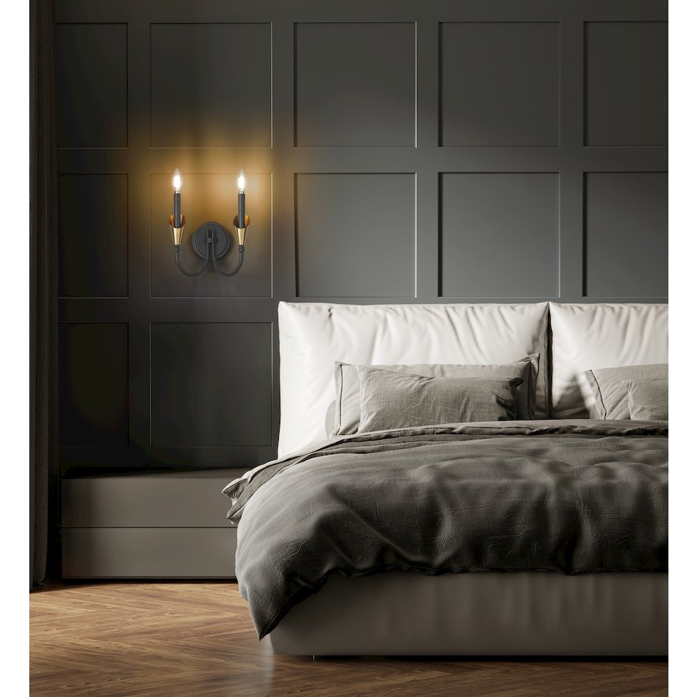 Z-Lite Claudelle 2 Light Wall Sconce in Matte Black + Modern Gold color. Picture 6