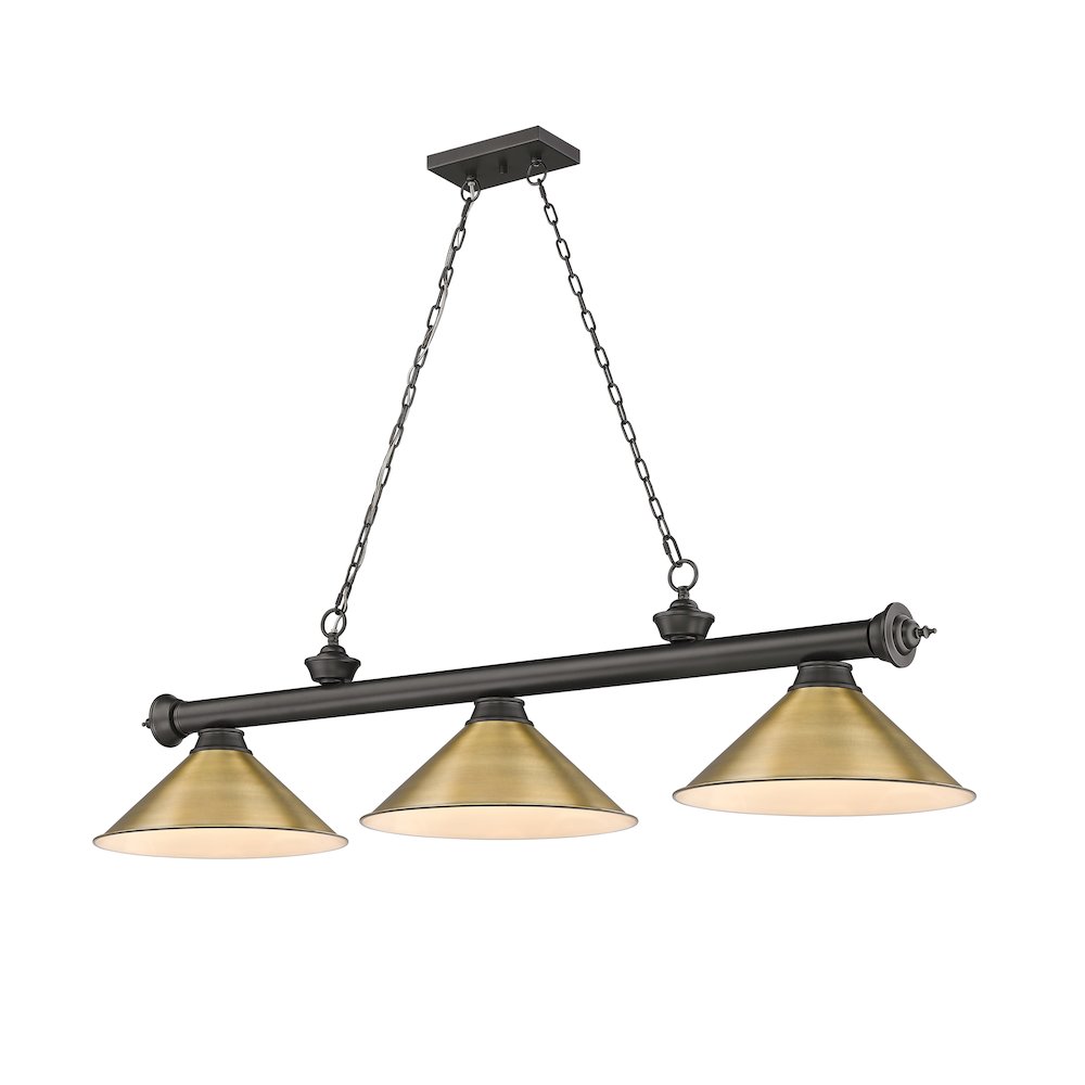 Z-Lite Cordon 3 Light Billiard, Steel Frame, Rubbed Brass Shade Color. Picture 1