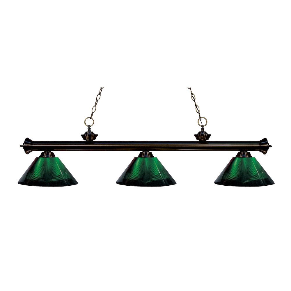 Z-Lite Riviera 3 Light Billiard, Steel Frame, Green Shade Color. Picture 1