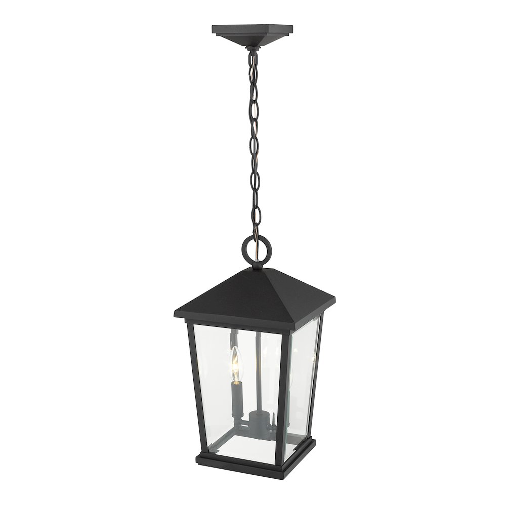 Z-Lite Beacon 2 Light Outdoor Chain Mount Ceiling Fixture in Black Frame Finish. Picture 4